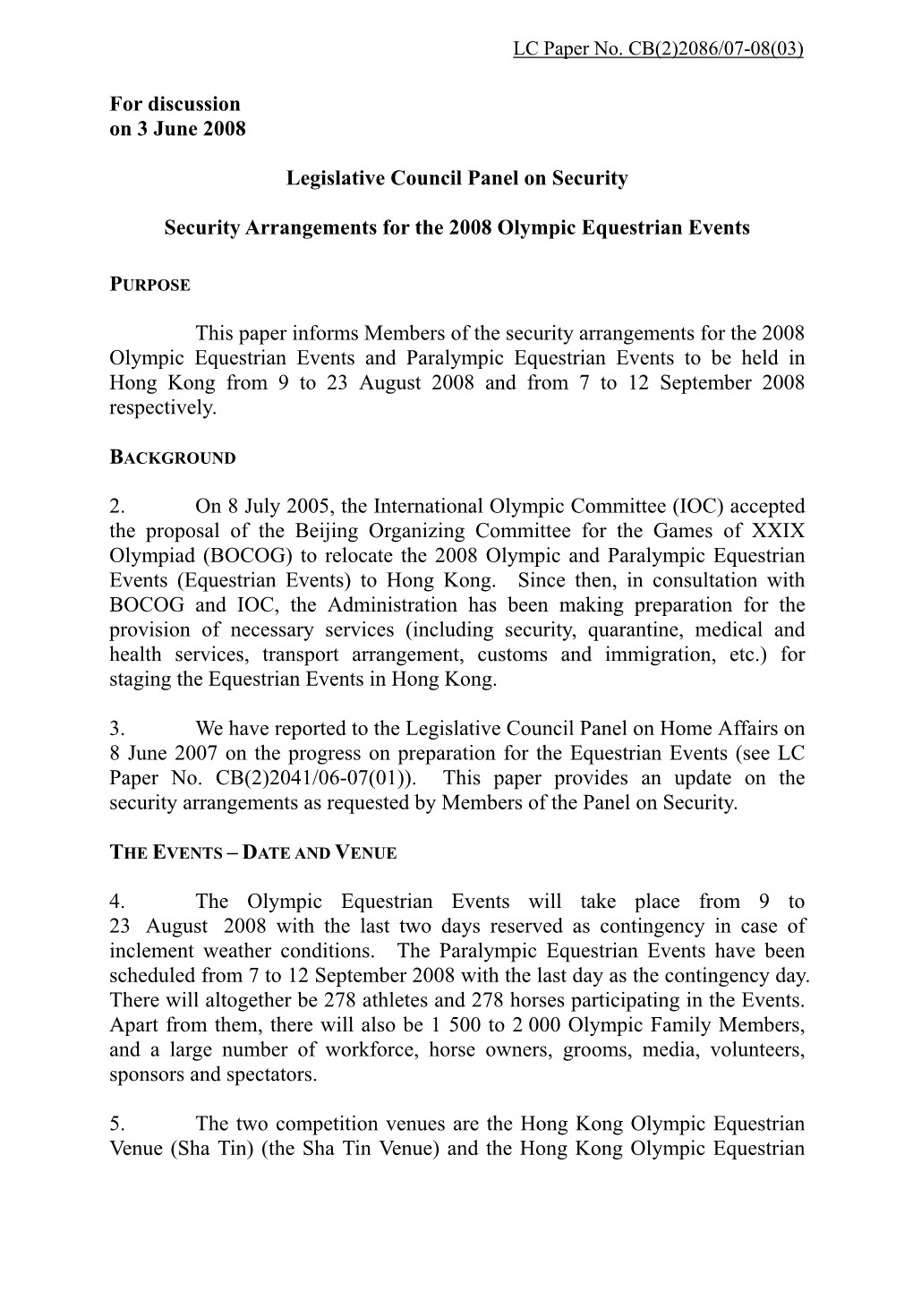 Administration's Paper on Security Arrangements for the 2008 Olympic