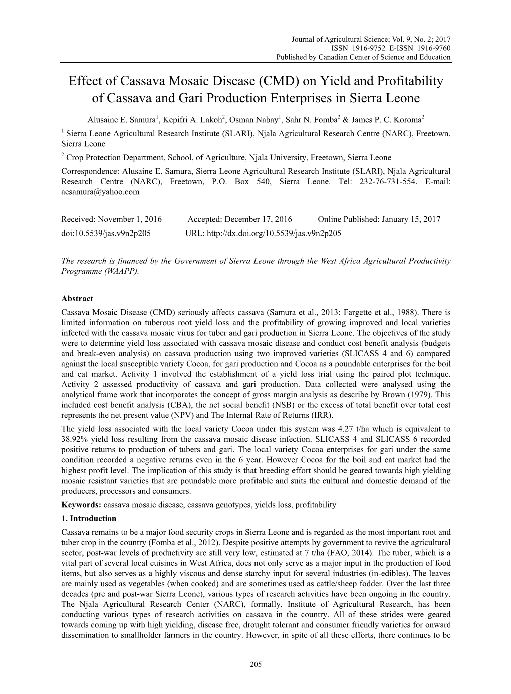 On Yield and Profitability of Cassava and Gari Production Enterprises in Sierra Leone