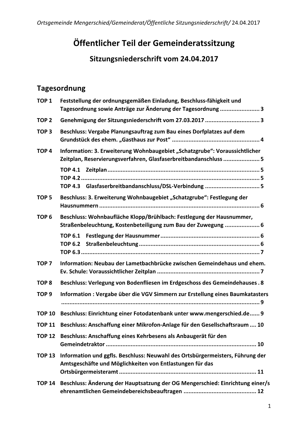 Öffentlicher Teil Der Gemeinderatssitzung Sitzungsniederschrift Vom 24.04.2017