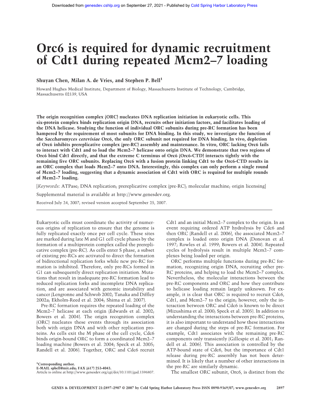 Orc6 Is Required for Dynamic Recruitment of Cdt1 During Repeated Mcm2–7 Loading