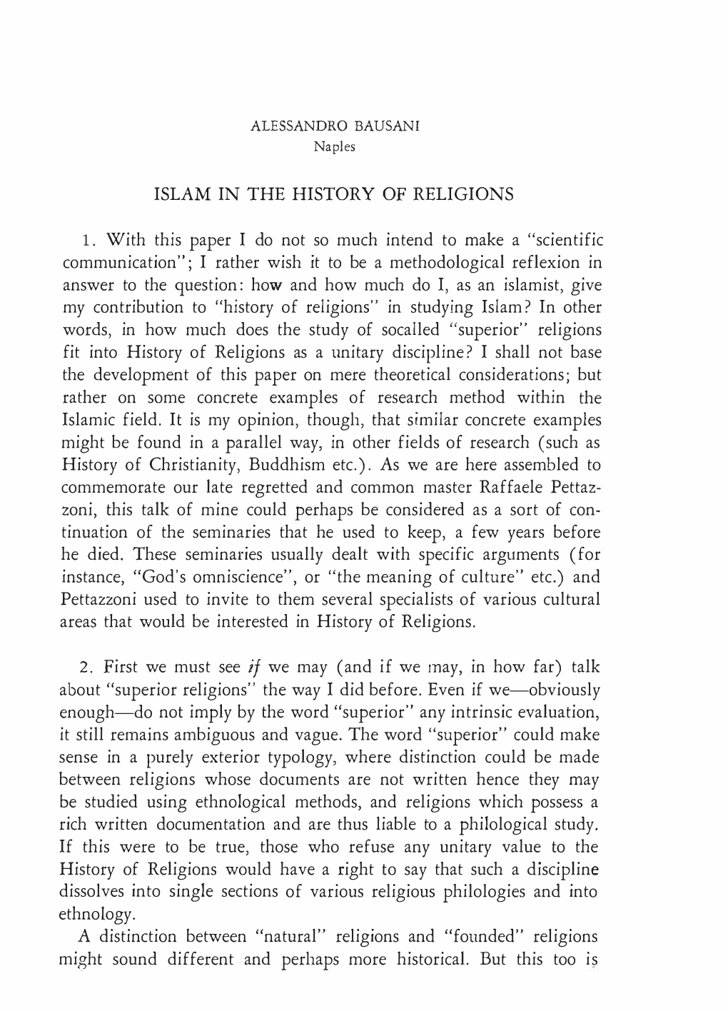 ALESSANDRO BAUSANI Naples ISLAM in the HISTORY OF