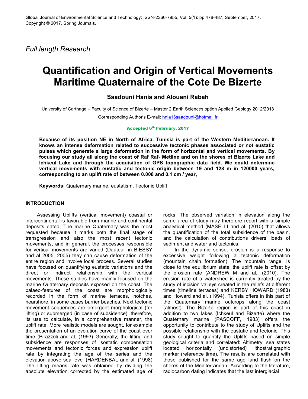 Quantification and Origin of Vertical Movements Maritime Quaternaire of the Cote De Bizerte