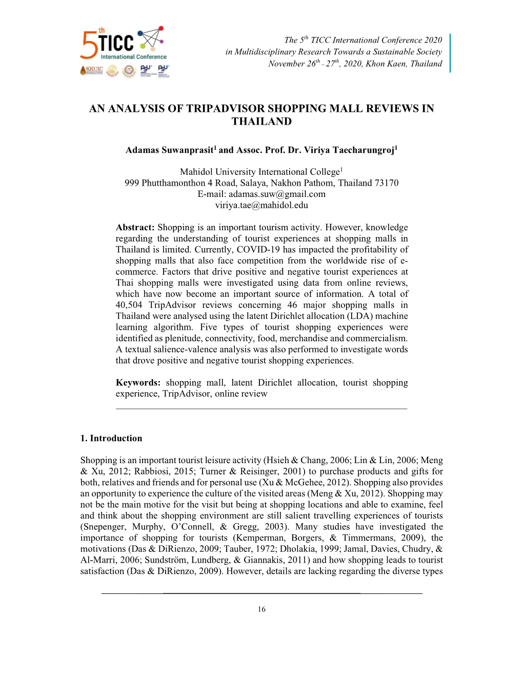 An Analysis of Tripadvisor Shopping Mall Reviews in Thailand