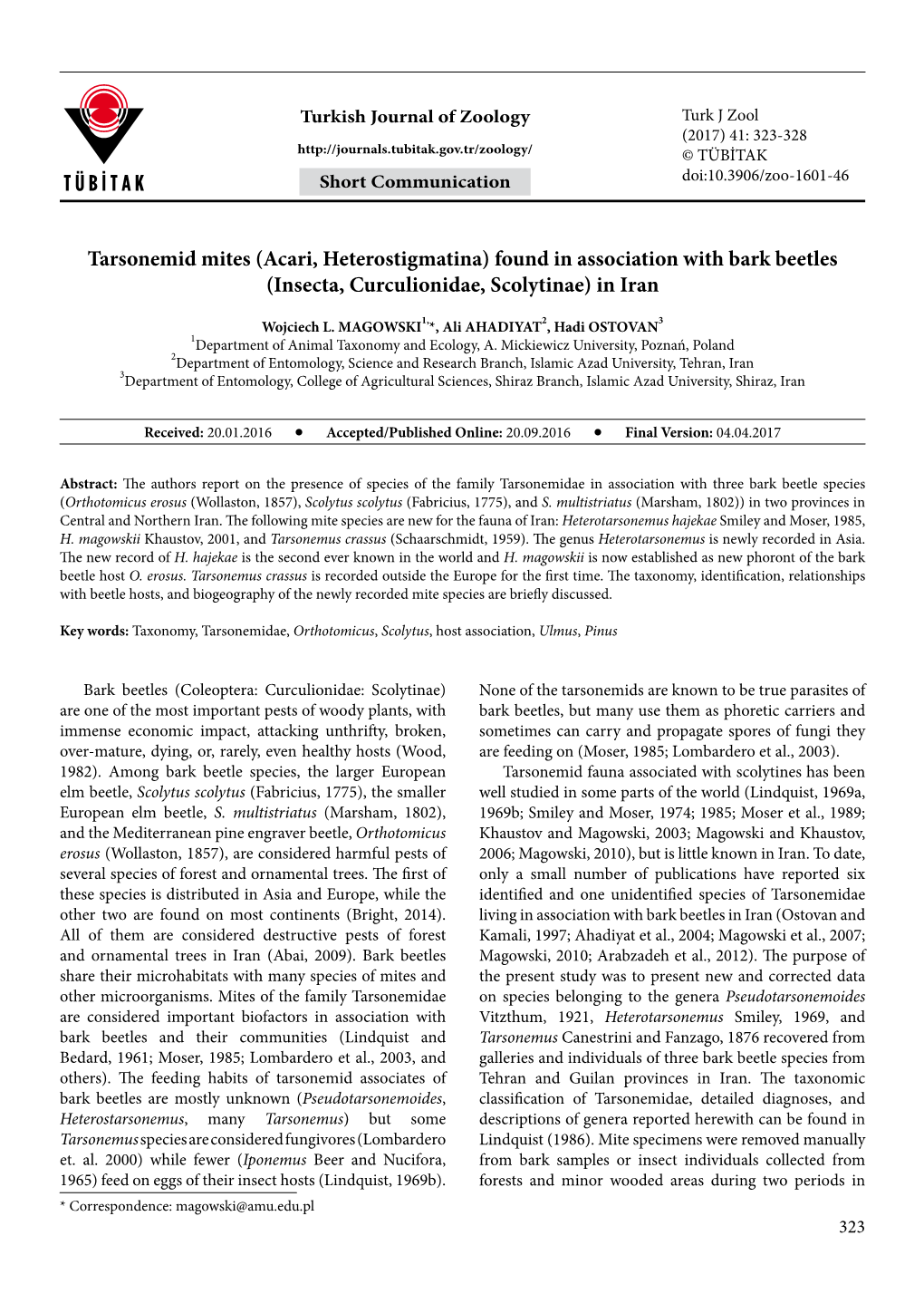 Tarsonemid Mites (Acari, Heterostigmatina) Found in Association with Bark Beetles (Insecta, Curculionidae, Scolytinae) in Iran