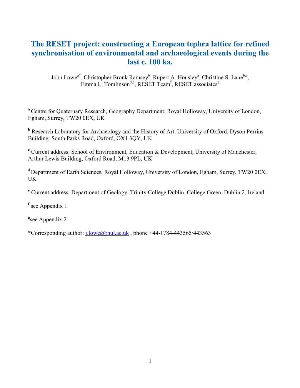 The RESET Project: Constructing a European Tephra Lattice for Refined Synchronisation of Environmental and Archaeological Events During the Last C