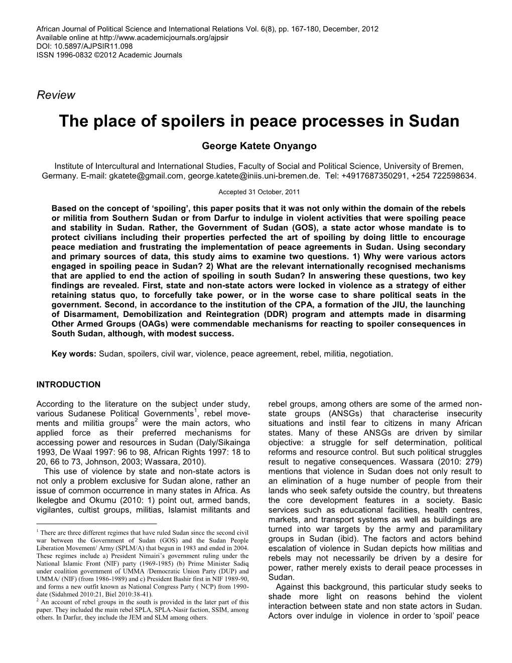 The Place of Spoilers in Peace Processes in Sudan