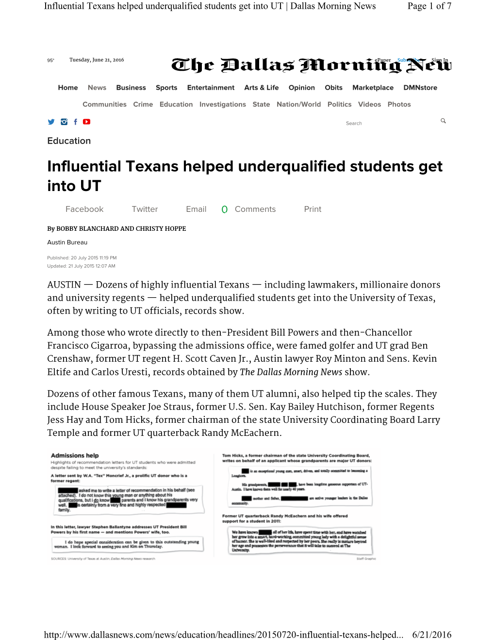 Influential Texans Helped Underqualified Students Get Into UT | Dallas Morning News Page 1 of 7