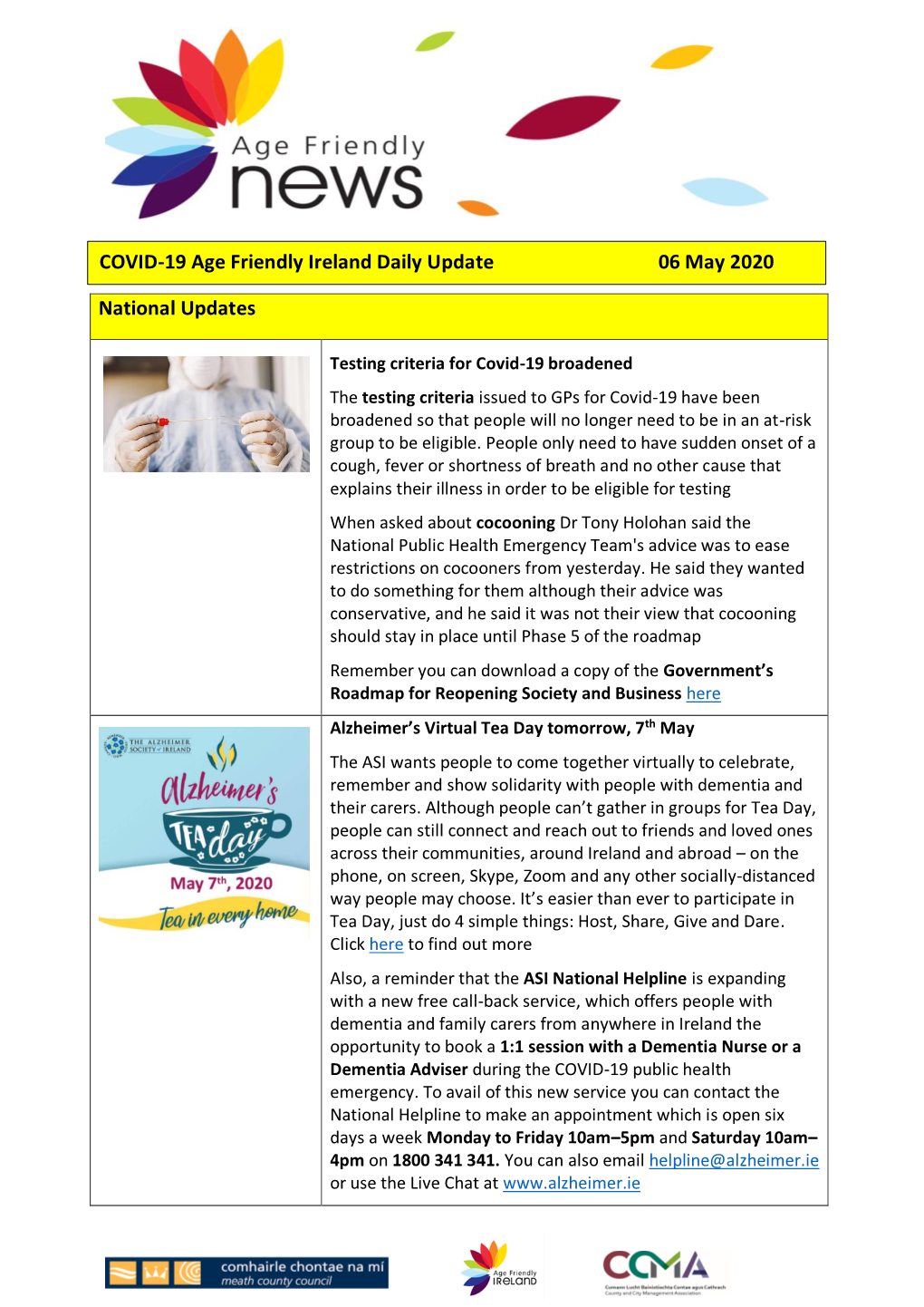 National Updates COVID-19 Age Friendly Ireland Daily Update 06 May 2020