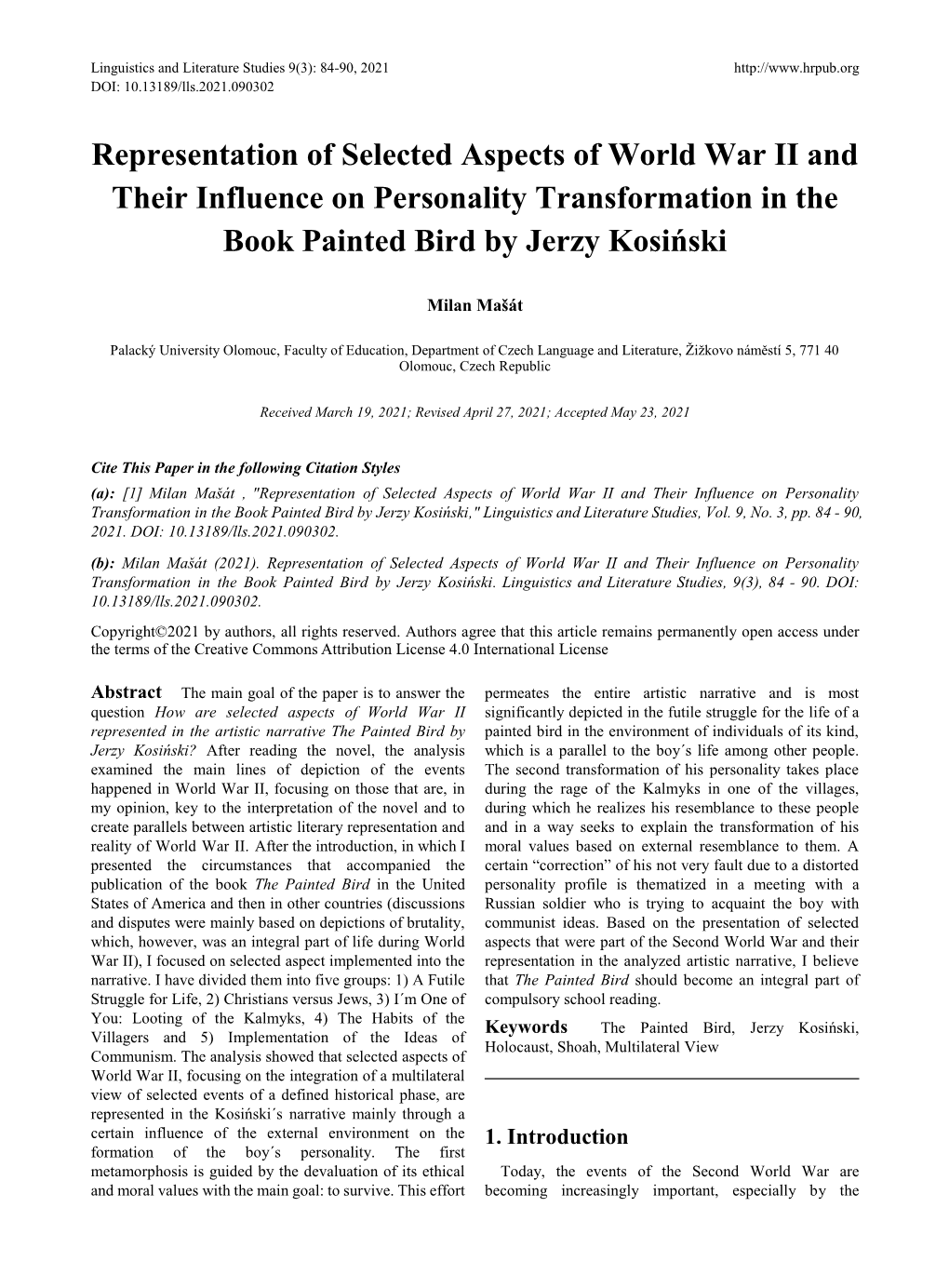 Representation of Selected Aspects of World War II and Their Influence on Personality Transformation in the Book Painted Bird by Jerzy Kosiński