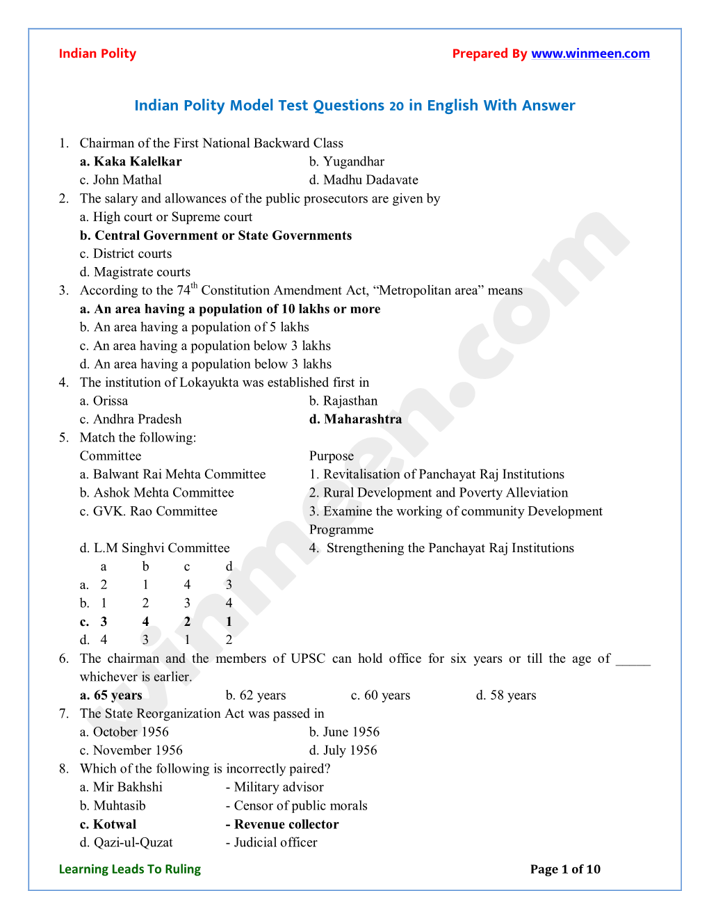 Indian Polity Model Test Questions 20 in English with Answer