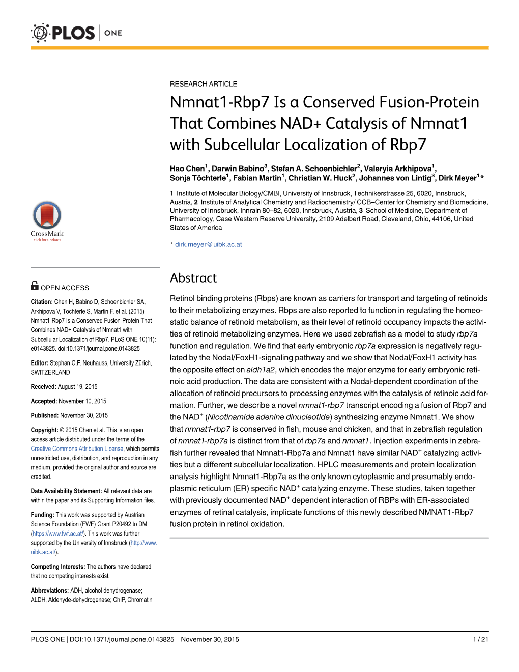 Nmnat1-Rbp7 Is a Conserved Fusion-Protein That Combines NAD+ Catalysis of Nmnat1 with Subcellular Localization of Rbp7