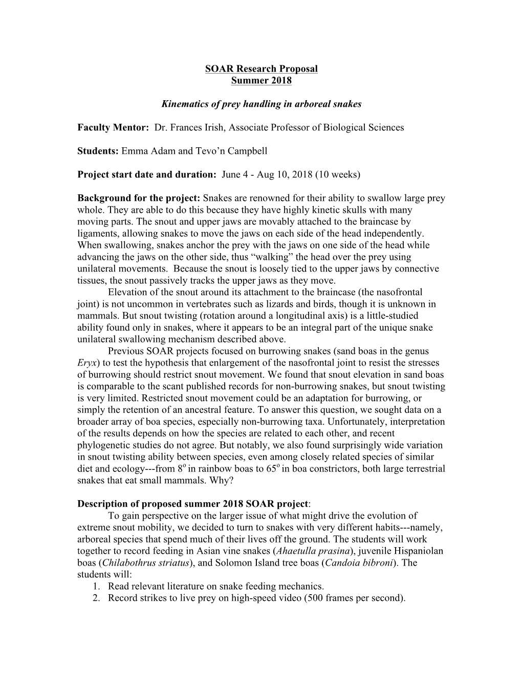 Kinematics of Prey Handling in Arboreal Snakes