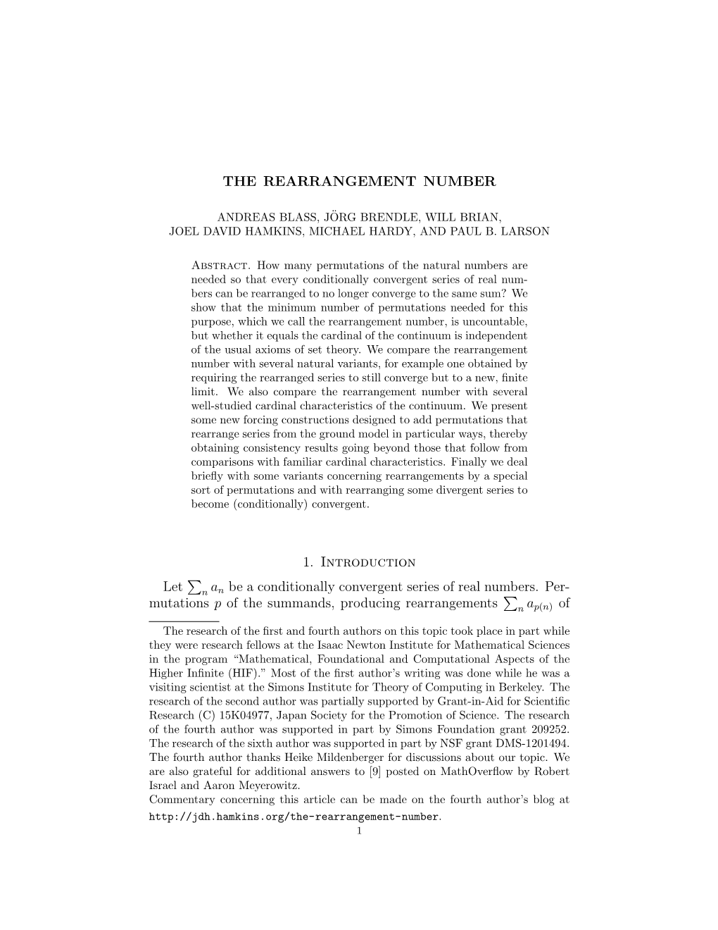 THE REARRANGEMENT NUMBER 1. Introduction Let ∑ an Be a Conditionally Convergent Series of Real Numbers