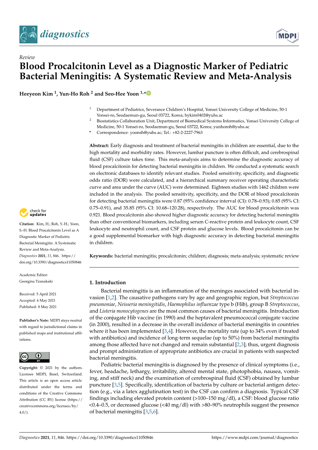 Blood Procalcitonin Level As a Diagnostic Marker of Pediatric Bacterial Meningitis: a Systematic Review and Meta-Analysis