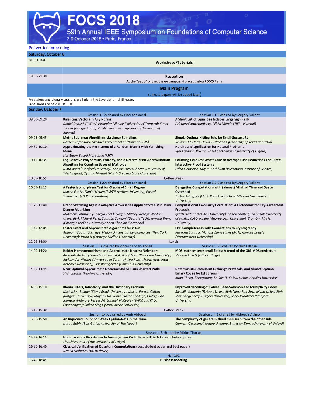 Main Program (Links to Papers Will Be Added Later) A-Sessions and Plenary Sessi Ons Are Held in the Lavoisier Amphitheater