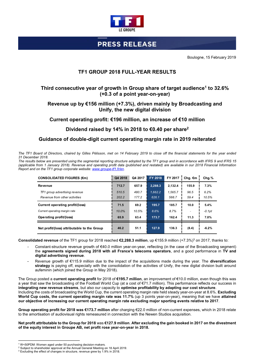 TF1 GROUP 2018 FULL-YEAR RESULTS Third Consecutive Year of Growth in Group Share of Target Audience1 to 32.6%