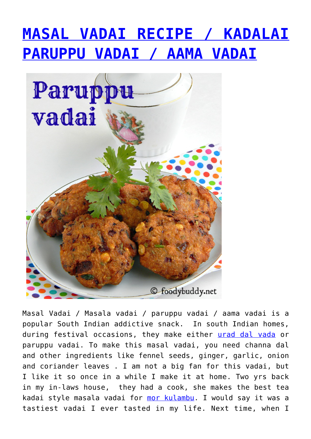 Masal Vadai Recipe / Kadalai Paruppu Vadai / Aama Vadai