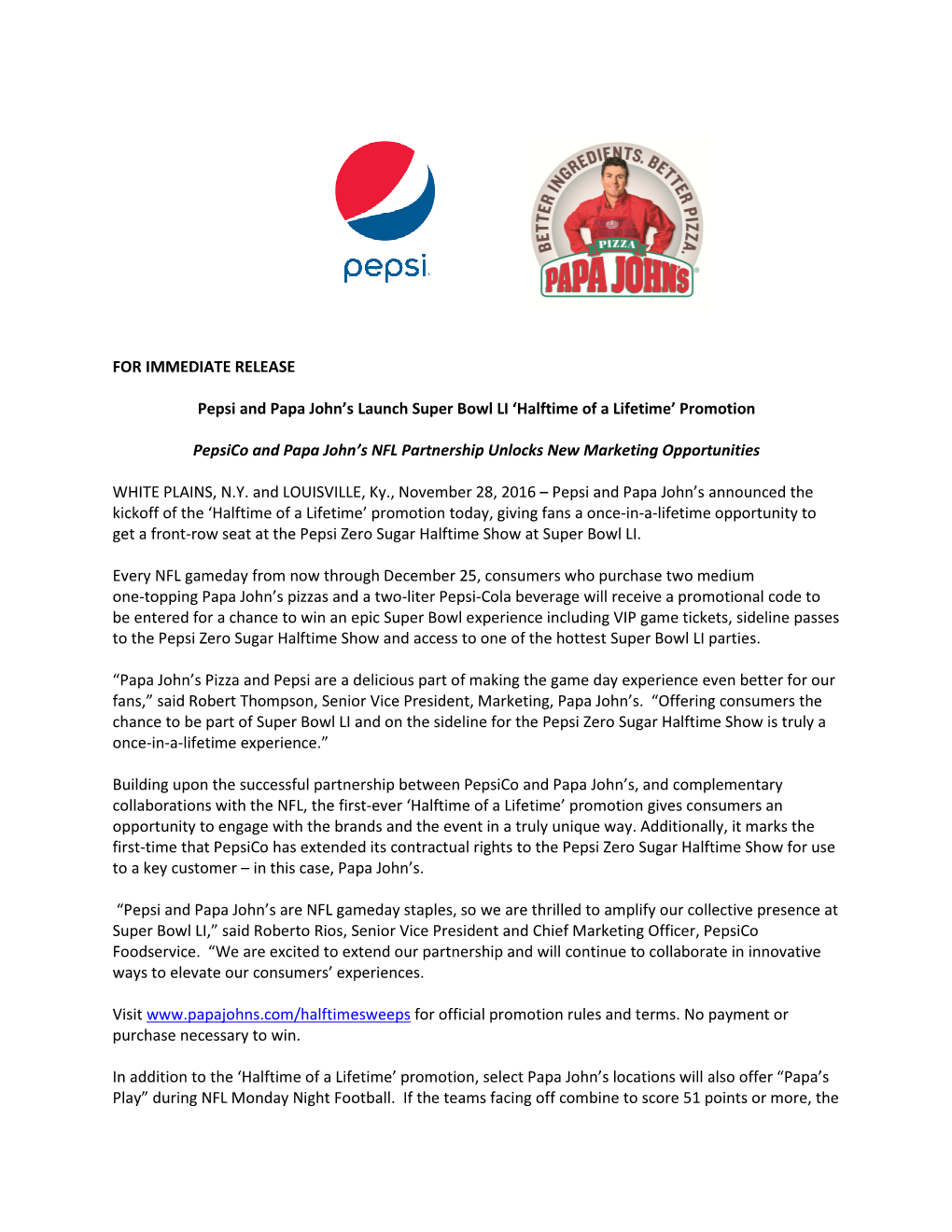 Pepsico and Papa John Press Release for 11.28 FINAL