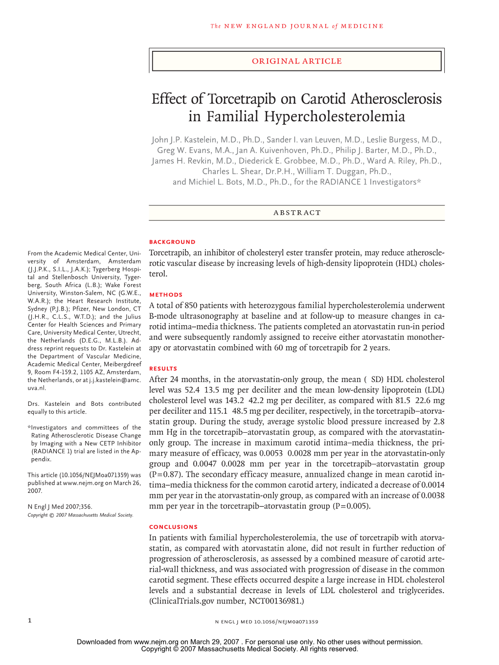 Effect of Torcetrapib on Carotid Atherosclerosis in Familial Hypercholesterolemia