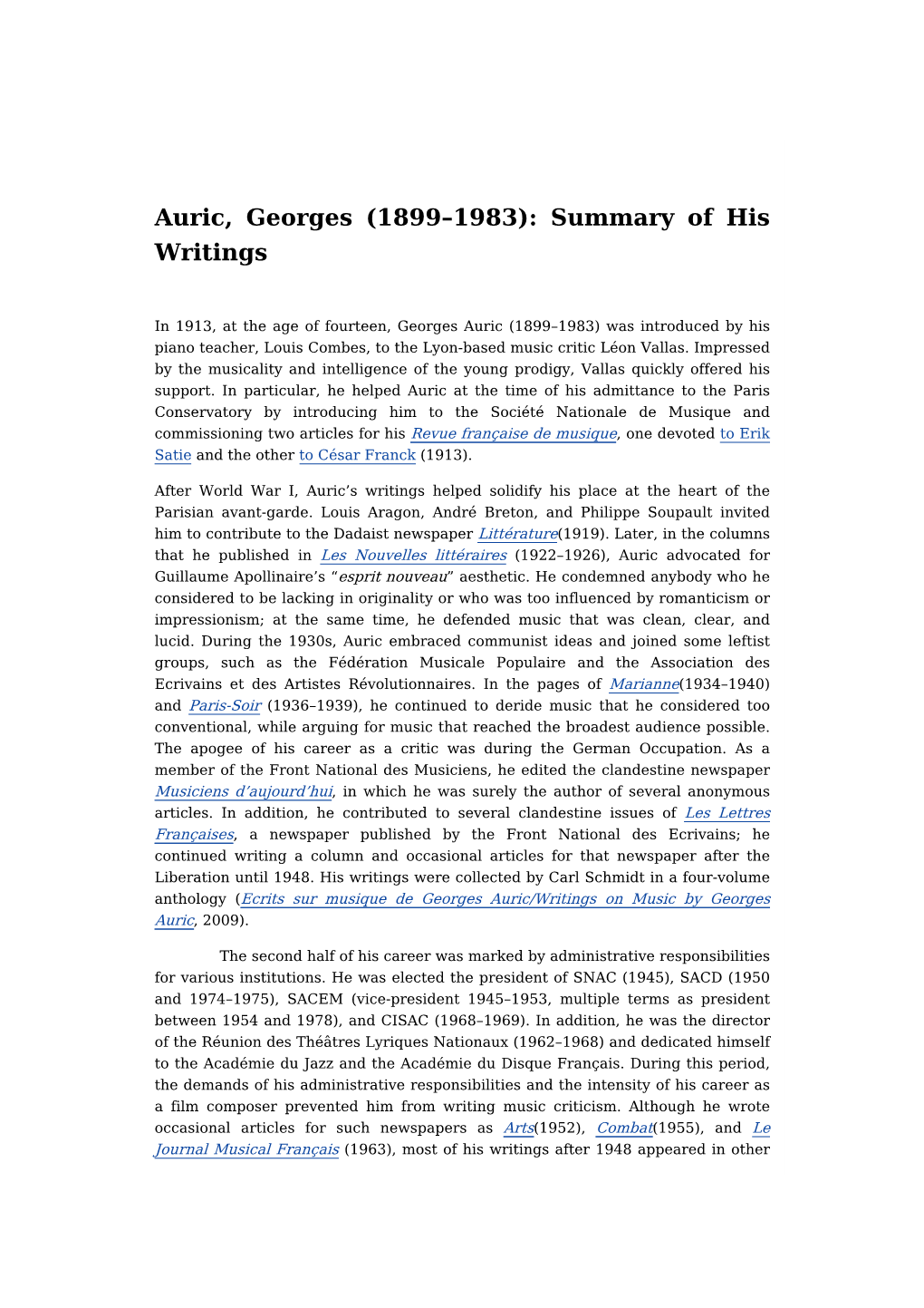 Auric, Georges (1899–1983): Summary of His Writings