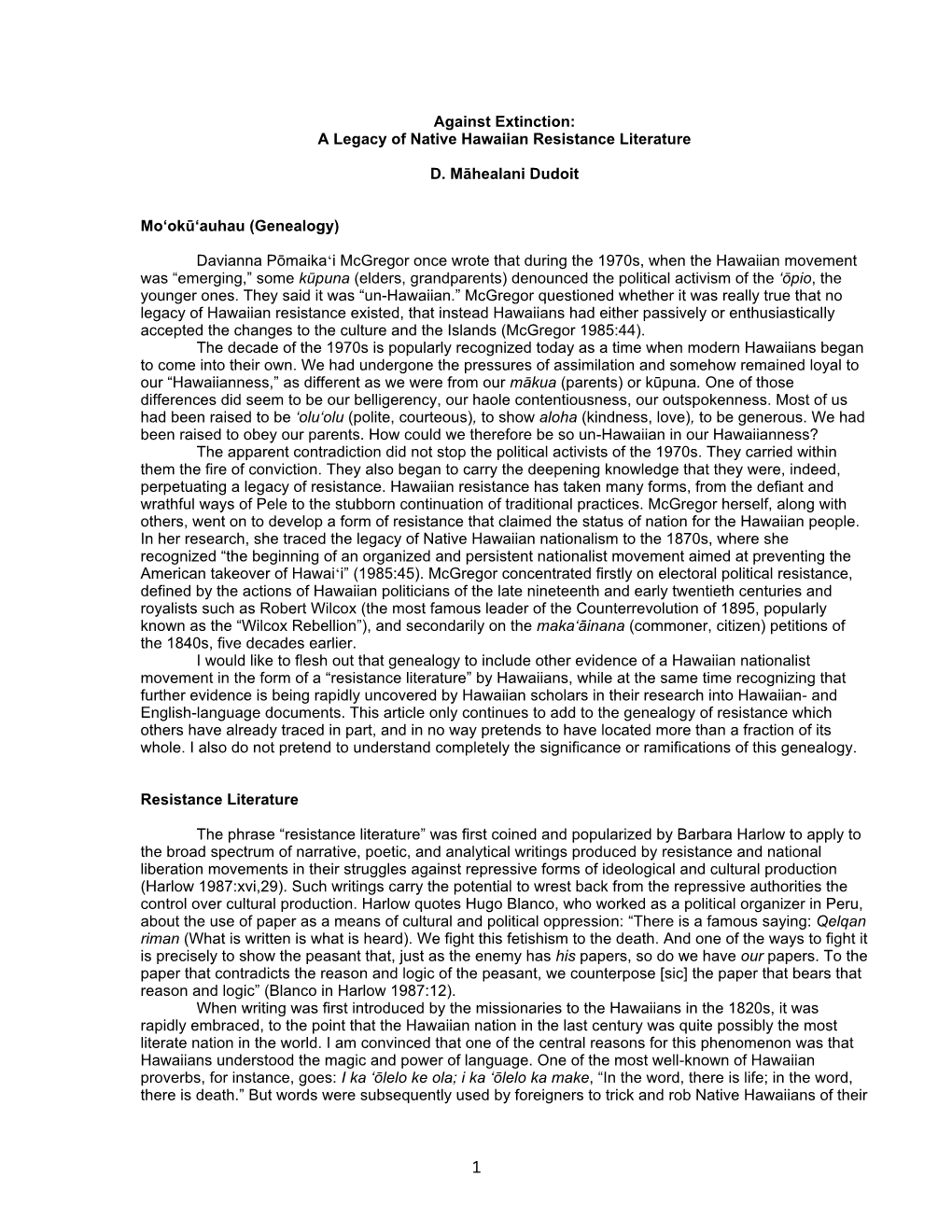 1 Against Extinction: a Legacy of Native Hawaiian Resistance