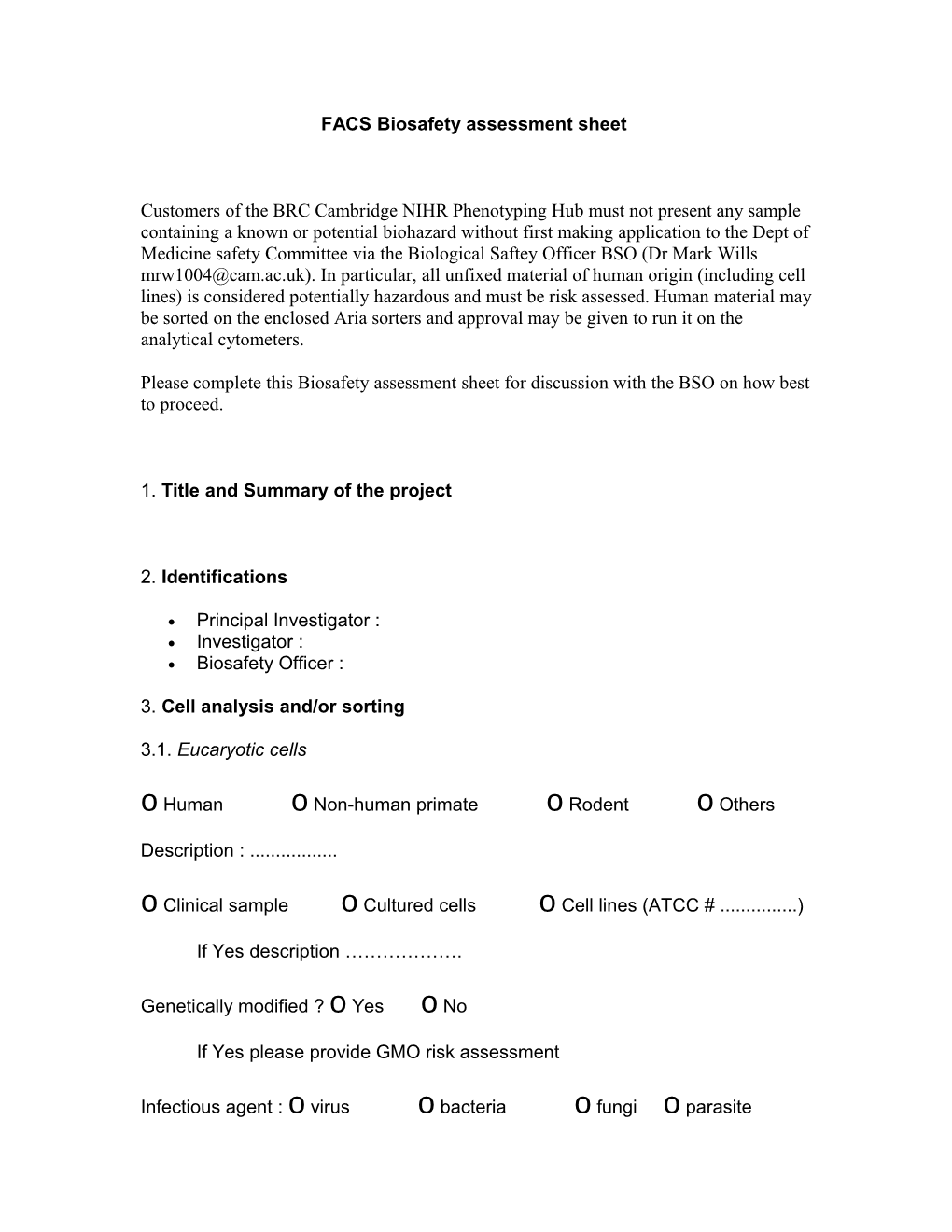 Flowcytometry Sorting Biosaftey Assessment Sheet