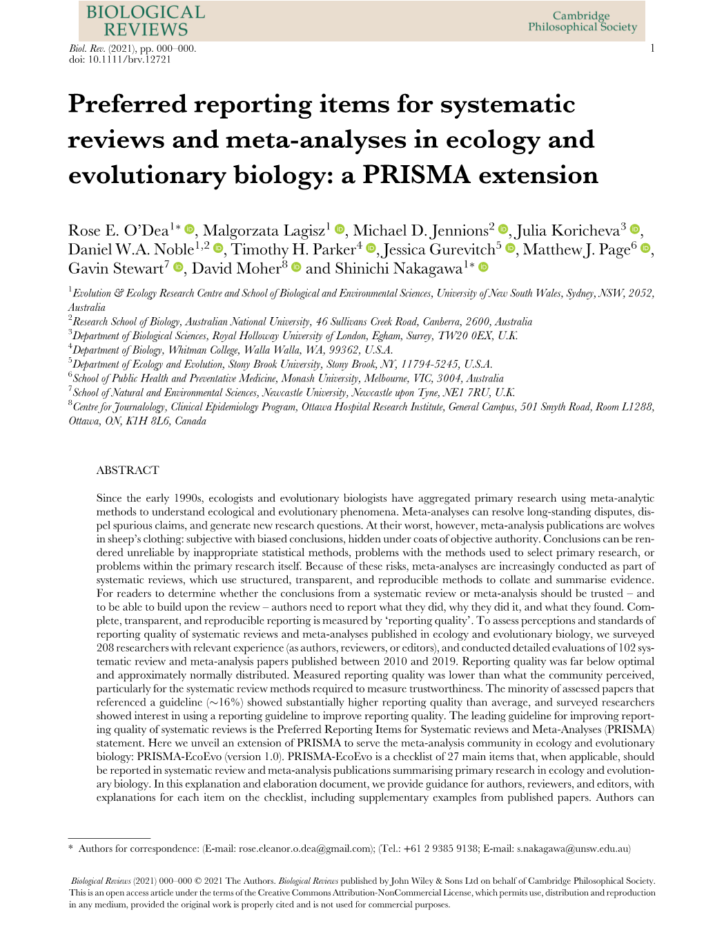 Preferred Reporting Items for Systematic Reviews and Meta-Analyses in Ecology and Evolutionary Biology: a PRISMA Extension