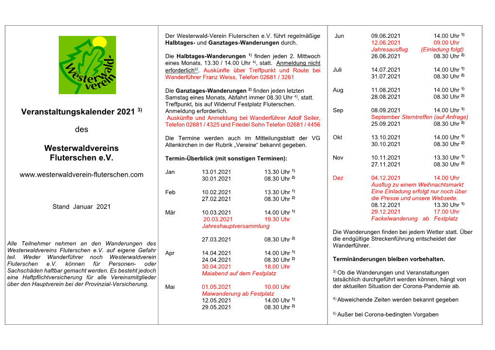 Veranstaltungskalender 2021 3) Des Westerwaldvereins Fluterschen E.V