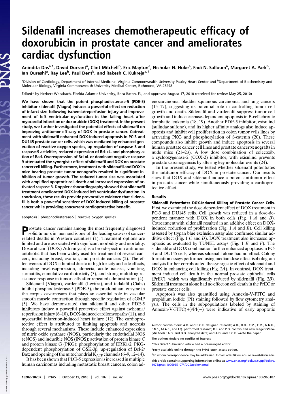 Sildenafil Increases Chemotherapeutic Efficacy of Doxorubicin in Prostate