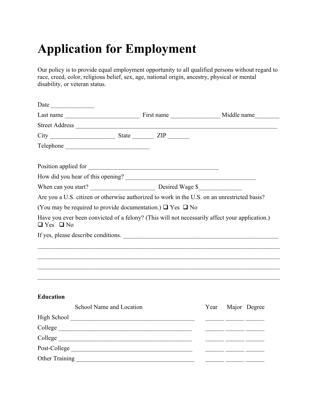 Application for Employment s100