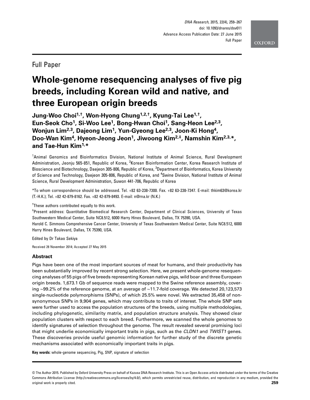 Whole-Genome Resequencing Analyses of Five Pig Breeds, Including Korean Wild and Native, and Three European Origin Breeds