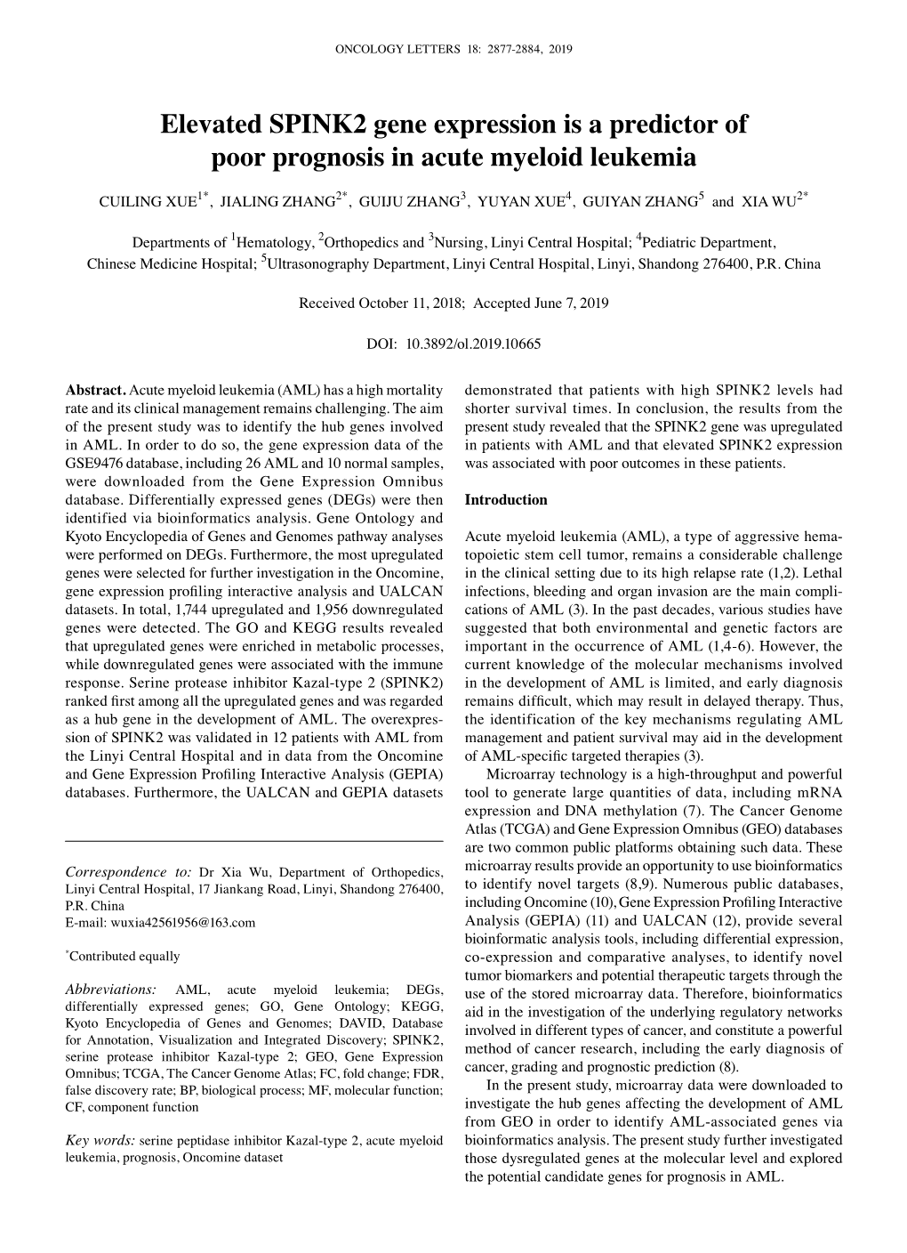 Elevated SPINK2 Gene Expression Is a Predictor of Poor Prognosis in Acute Myeloid Leukemia