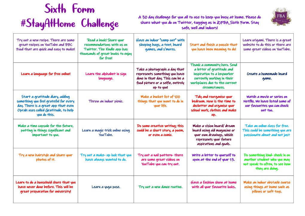 A 30 Day Challenge for You All to Use to Keep You Busy at Home. Please Do Share What You Do on Twitter, Tagging Us in @FBA Sixth Form