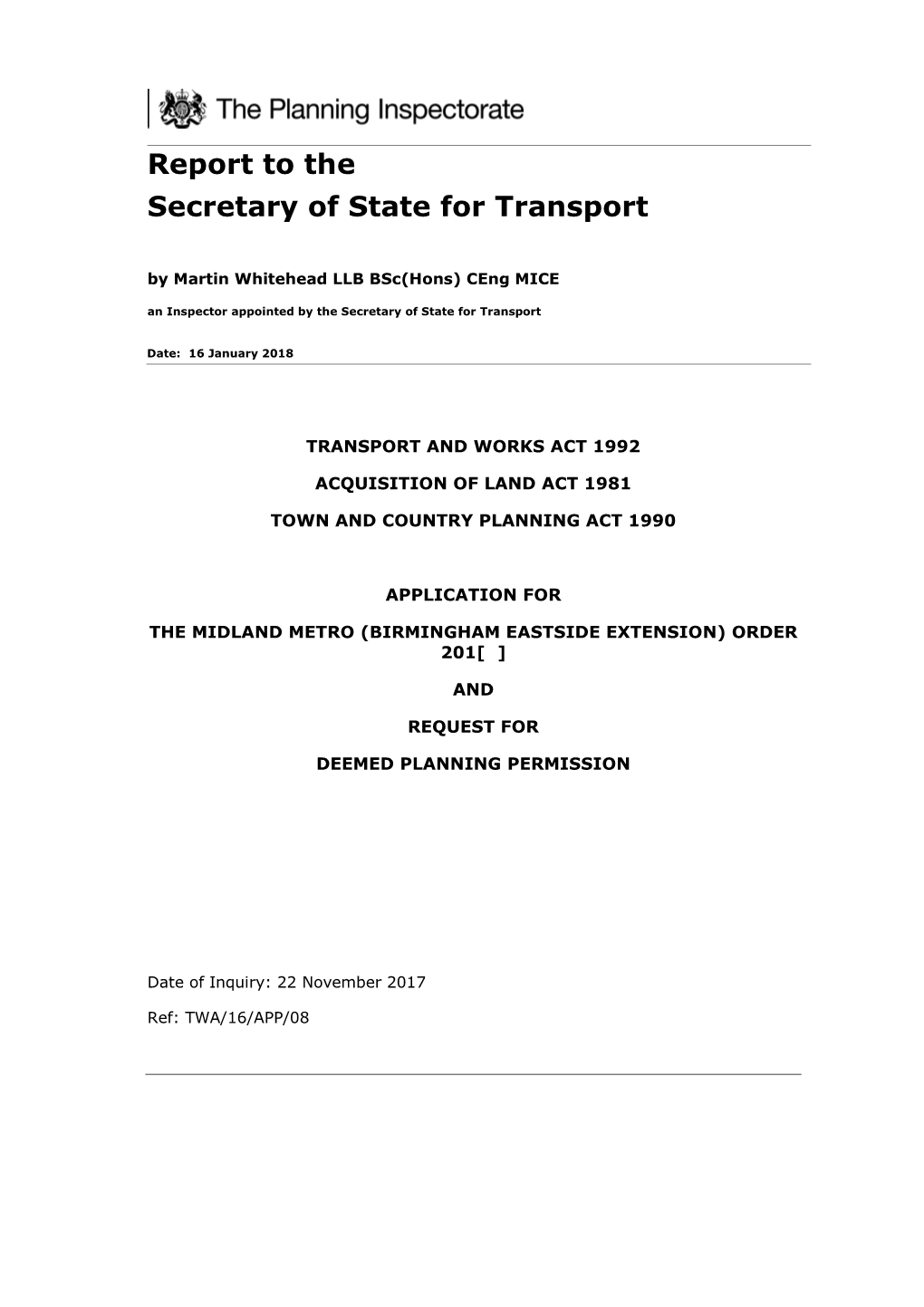 Report to the Secretary of State for Transport