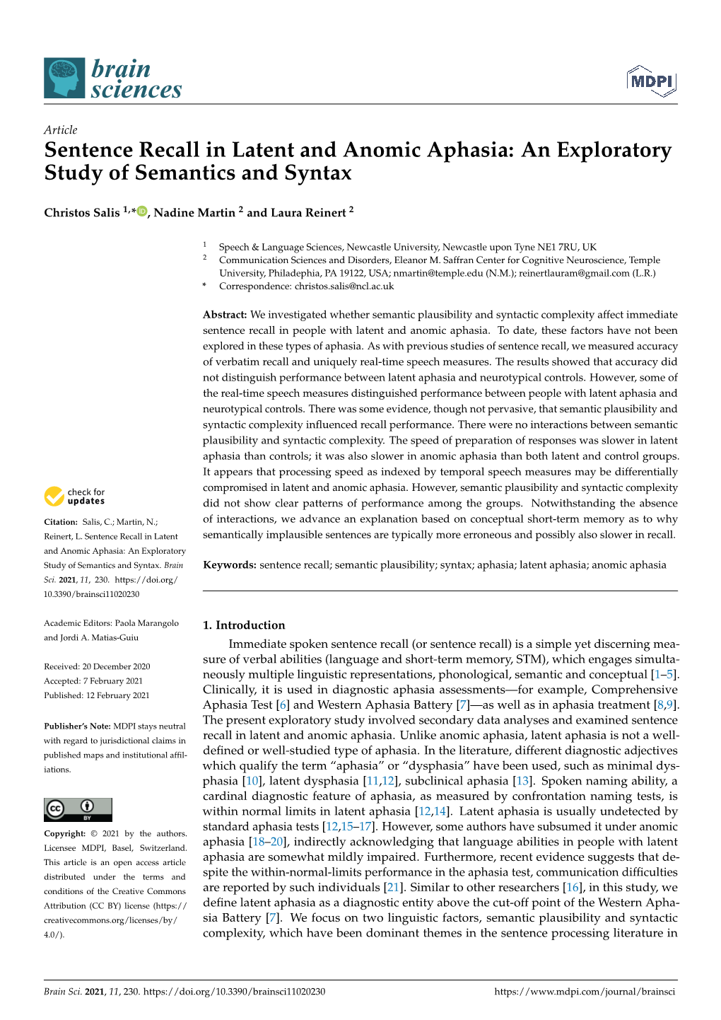Sentence Recall in Latent and Anomic Aphasia: an Exploratory Study of Semantics and Syntax