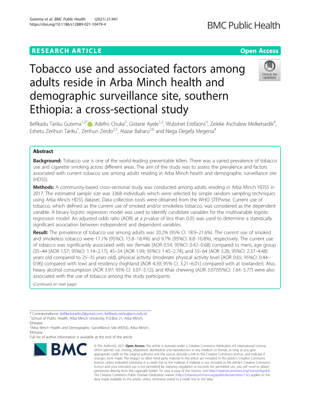 Tobacco Use and Associated Factors Among Adults Reside in Arba Minch