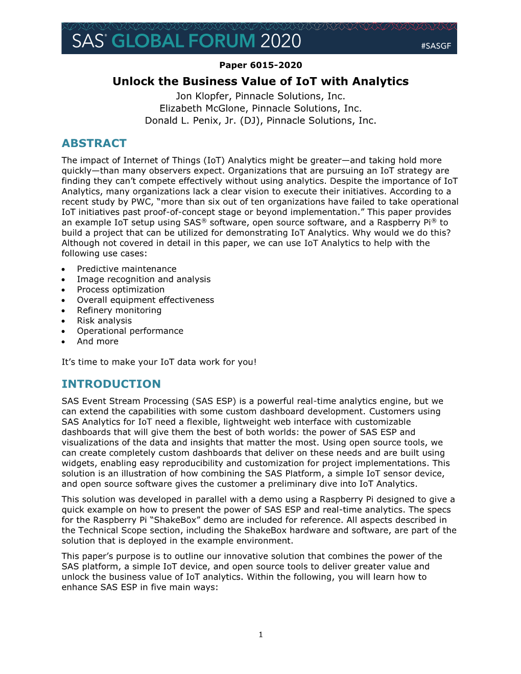 Unlock the Business Value of Iot with Analytics Jon Klopfer, Pinnacle Solutions, Inc