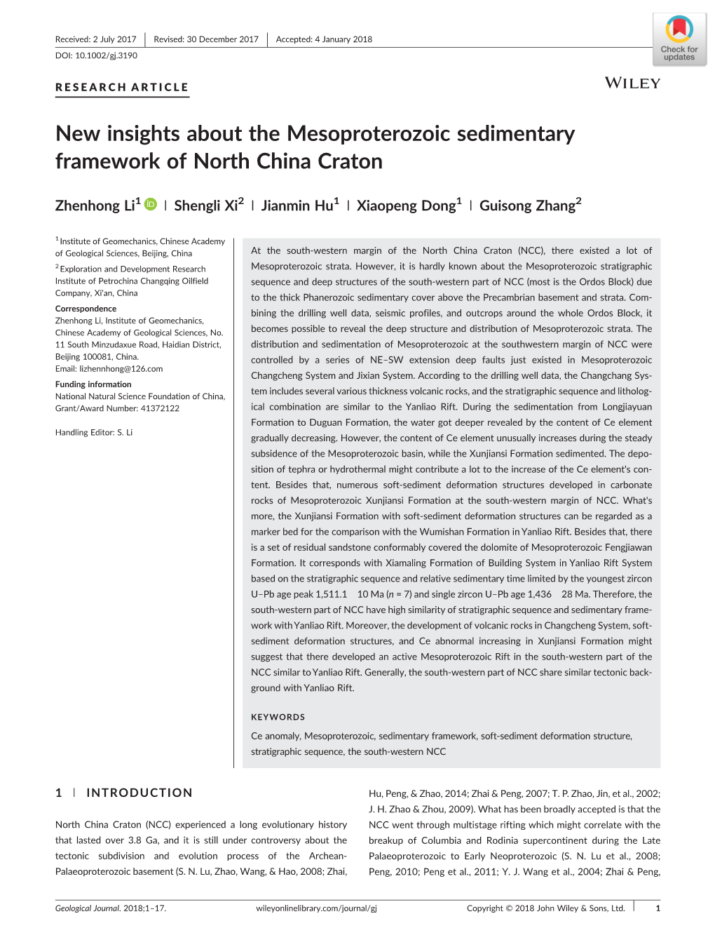 New Insights About the Mesoproterozoic Sedimentary Framework of North China Craton