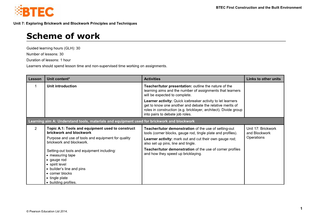 Unit 7: Exploring Brickwork and Blockwork Principles and Techniques - Scheme of Work (Version