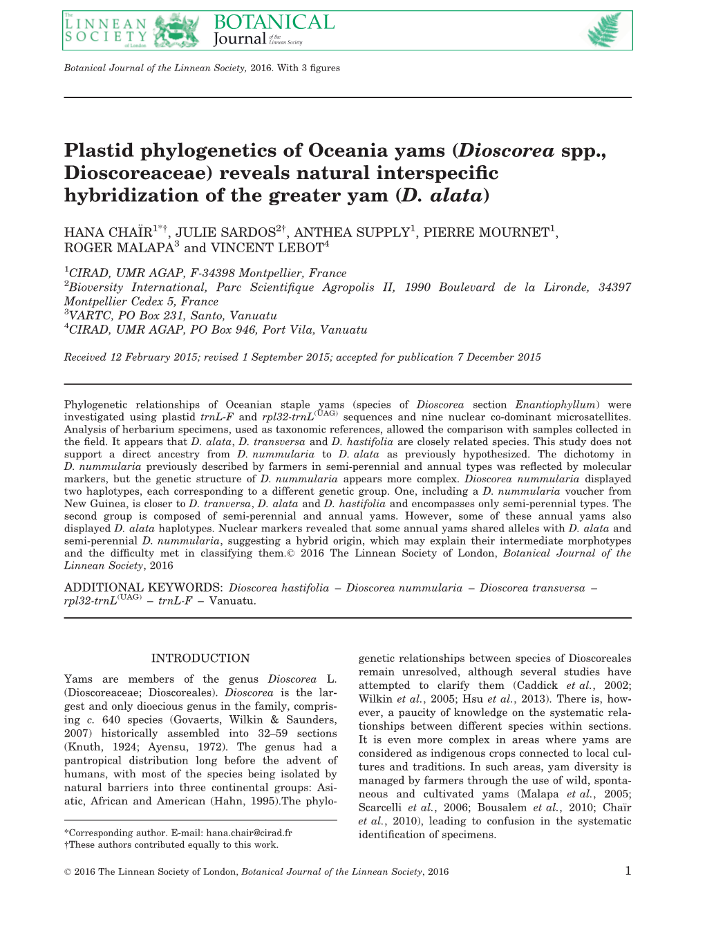 Dioscorea Spp., Dioscoreaceae) Reveals Natural Interspeciﬁc Hybridization of the Greater Yam (D