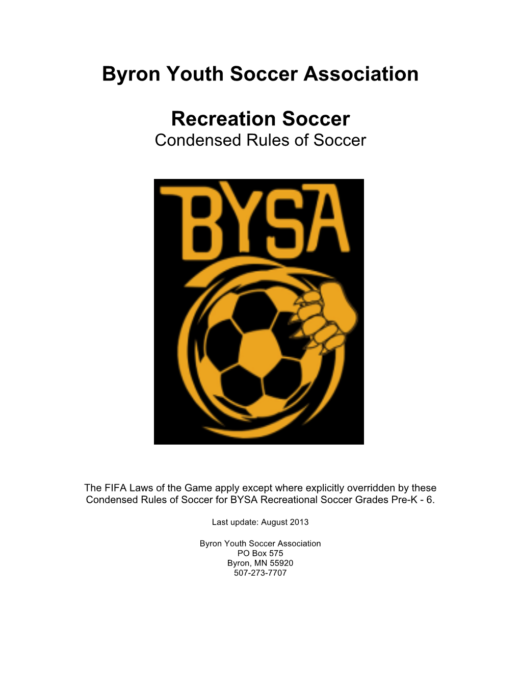 BYSA Rules of Soccer