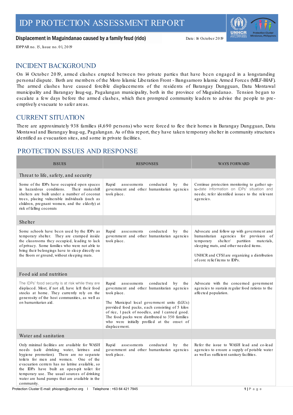 IDP PROTECTION ASSESSMENT REPORT T Displacement in Maguindanao Caused by a Family Feud (Rido) Date: 16 October 2019 IDPPAR No