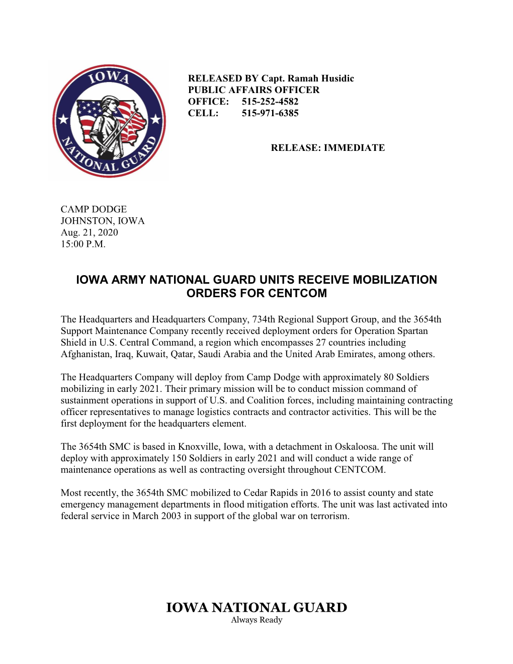 Iowa Army National Guard Units Receive Mobilization Orders for Centcom