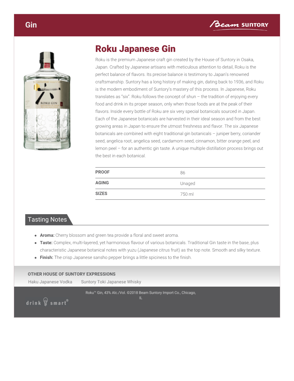 Roku Japanese Gin Roku Is the Premium Japanese Craft Gin Created by the House of Suntory in Osaka, Japan