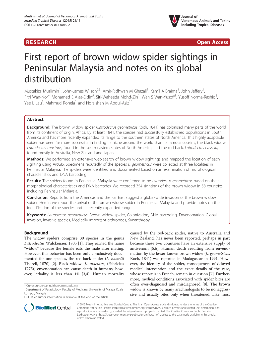 First Report of Brown Widow Spider Sightings in Peninsular Malaysia