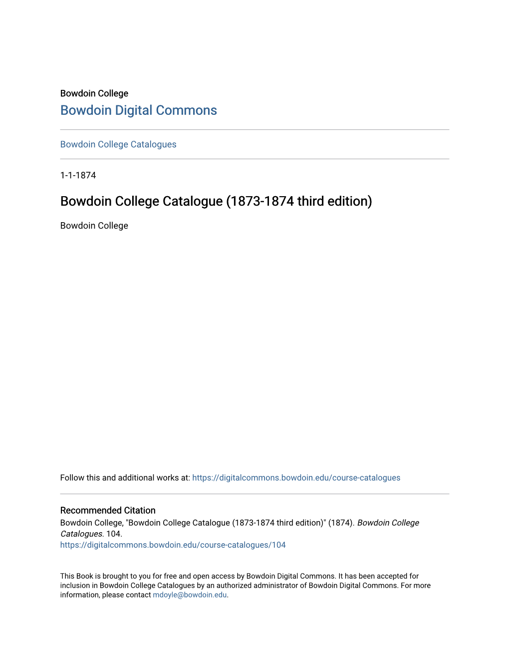 Bowdoin College Catalogue (1873-1874 Third Edition)