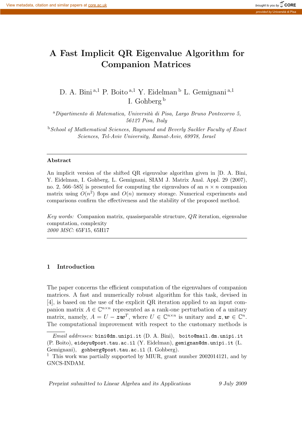 A Fast Implicit QR Eigenvalue Algorithm for Companion Matrices