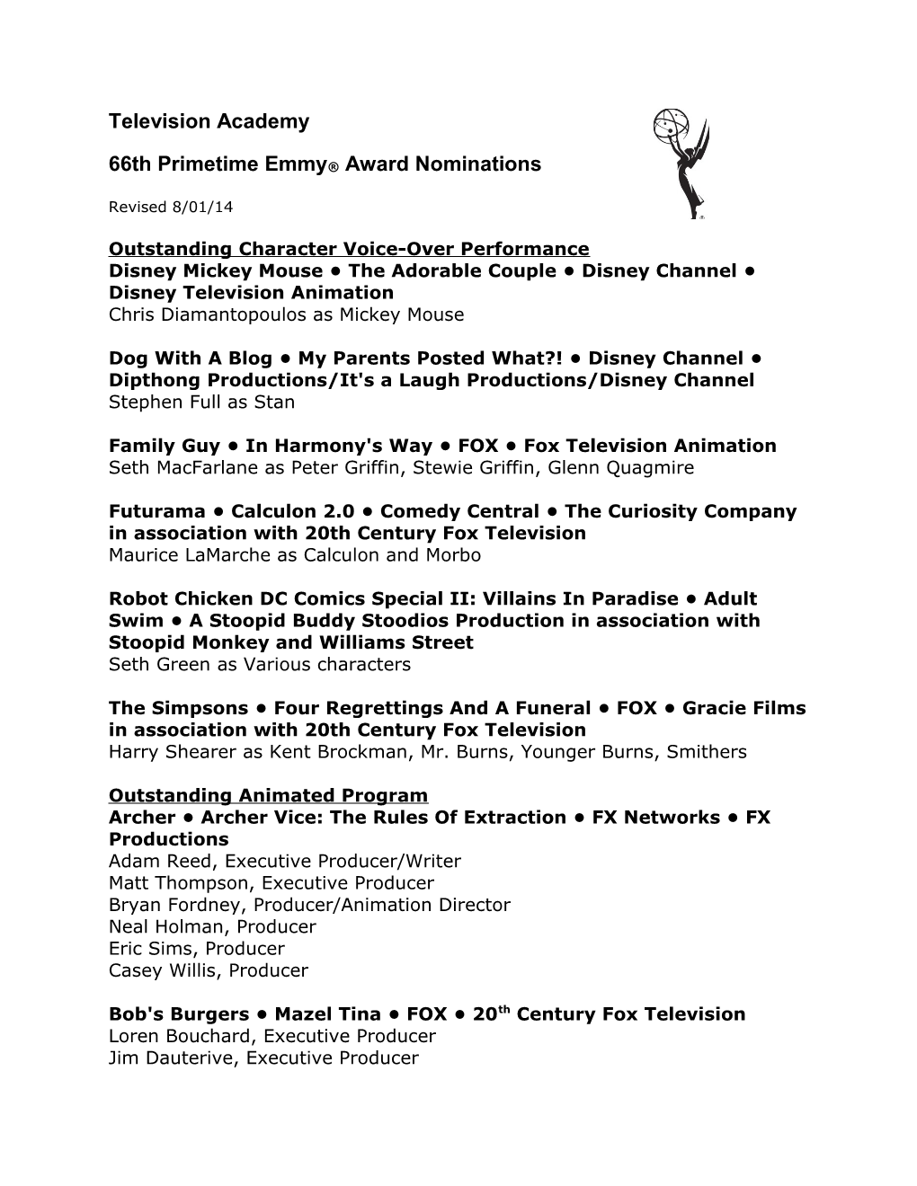 66Th Primetime Emmy Award Nominations