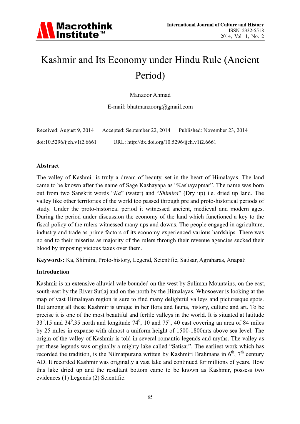 Kashmir and Its Economy Under Hindu Rule (Ancient Period)