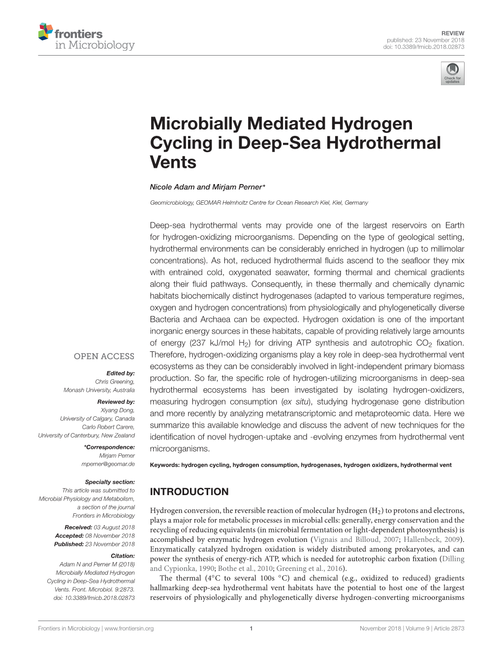 Microbially Mediated Hydrogen Cycling in Deep-Sea Hydrothermal Vents